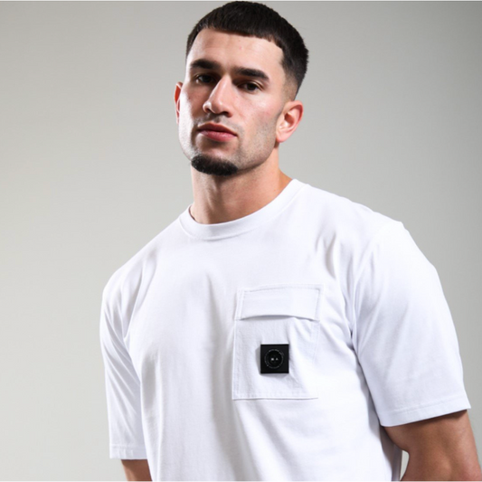 White Marshall Artist Kyoto Pocket T-Shirt with front pocket, casual fit, soft cotton fabric, styled on a model.