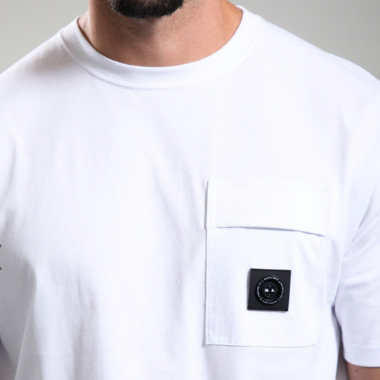 White Marshall Artist Kyoto Pocket T-Shirt showing a front view with a chest pocket and simple design.