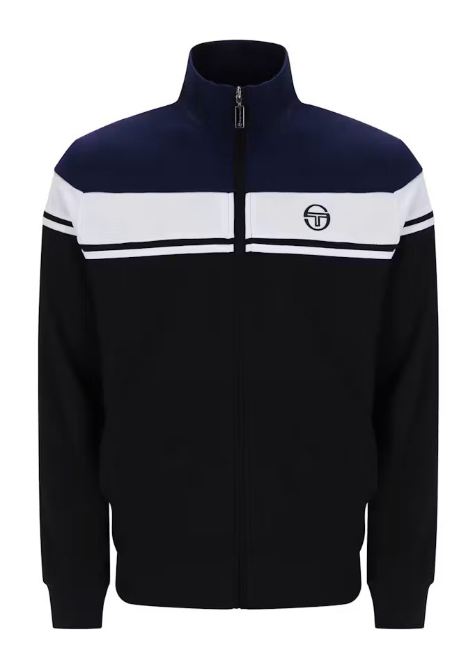 Sergio Tacchini Damarindo track top in maritime blue with white and black accents, featuring a sporty design and zip-up front.