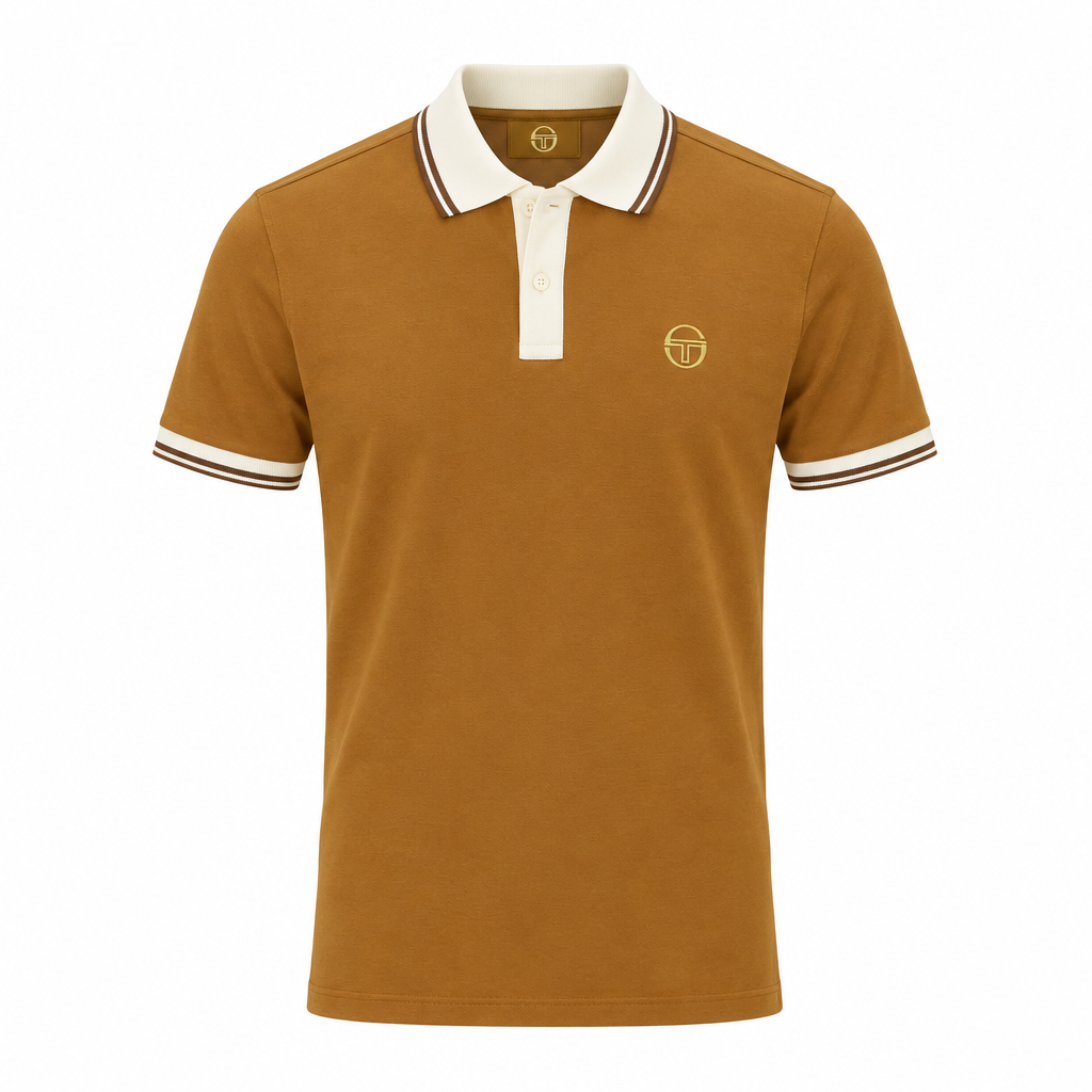 Sergio Tacchini polo shirt in golden brown, gardenia, and potting soil colors, featuring a classic polo design and brand logo.