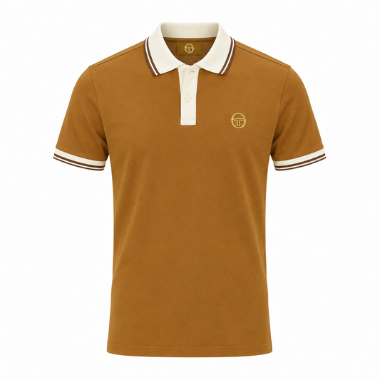 Sergio Tacchini polo shirt in golden brown, gardenia, and potting soil colors, featuring a classic polo design and brand logo.