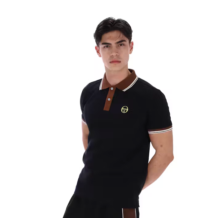 Sergio Tacchini black polo shirt with green and white accents, featuring a classic collar and logo embroidery.