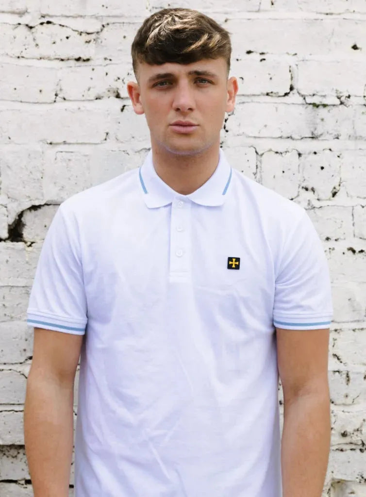 Terrace Cult Premium Pique Polo In White/Sky Blue