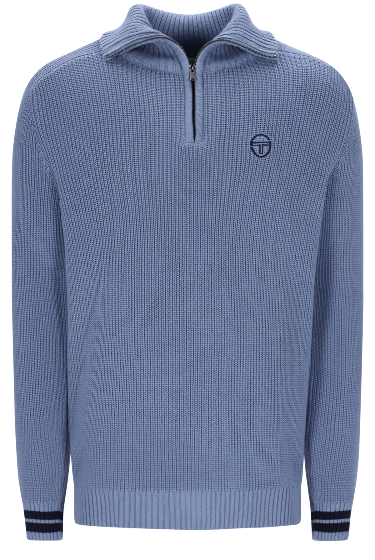 Sergio Tacchini Toledo quarter zip jumper in country blue and maritime blue, showing the front view with a high collar and zipper.