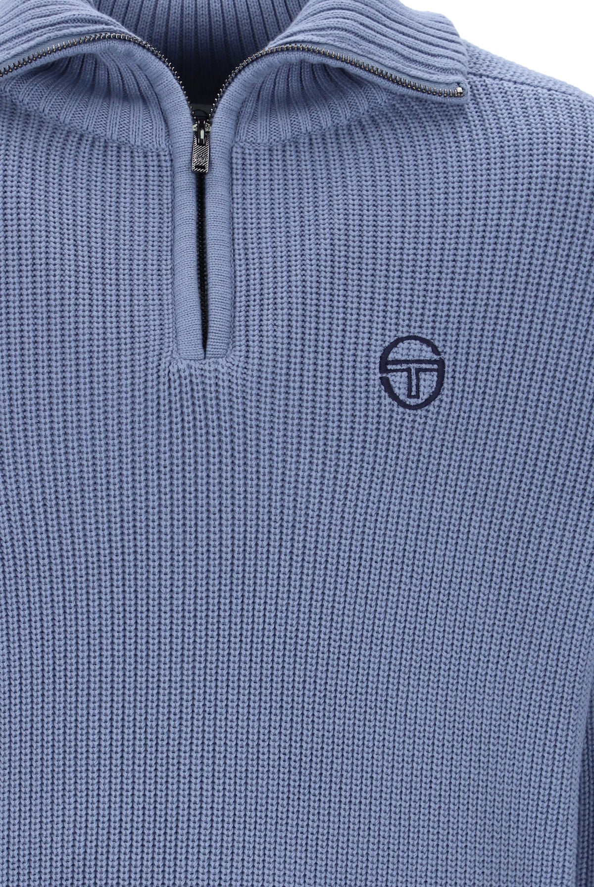 Sergio Tacchini Toledo quarter zip jumper in country blue and maritime blue, shown on a model with a close-up of the fabric and zipper.