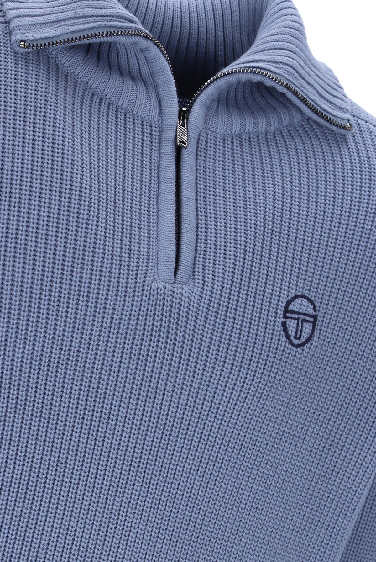 Sergio Tacchini Toledo quarter zip jumper in country blue and maritime blue, featuring a high neckline and ribbed cuffs.