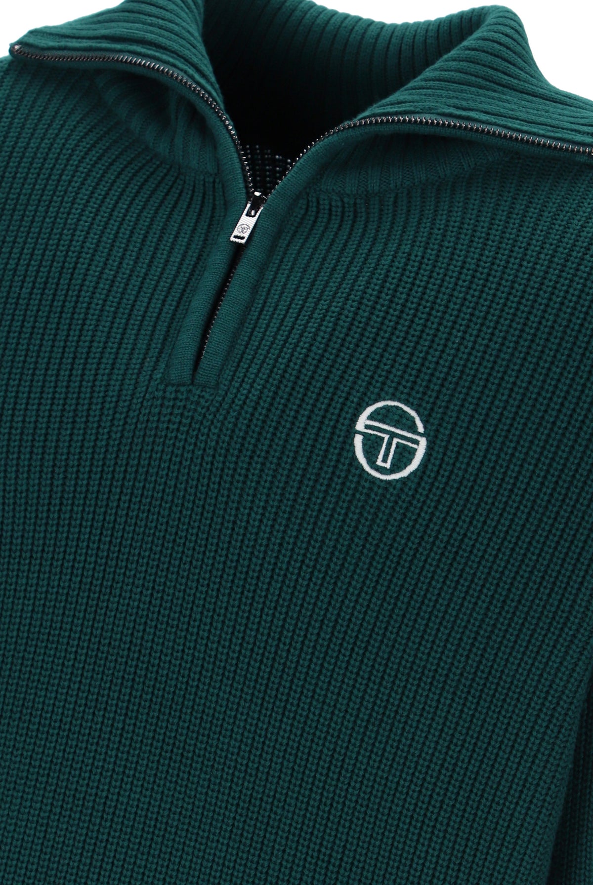 Sergio Tacchini Toledo quarter zip jumper in deep teal and gardenia, featuring a high collar and ribbed cuffs.