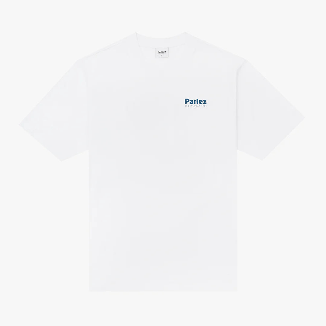 White Parlez Willford T-Shirt featuring a classic crew neck and graphic design on the front, casual streetwear style.