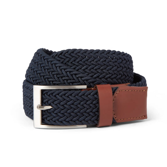 DML Jeans Newman Mens Woven Elasticated Belt Navy with Tan Leather Trim