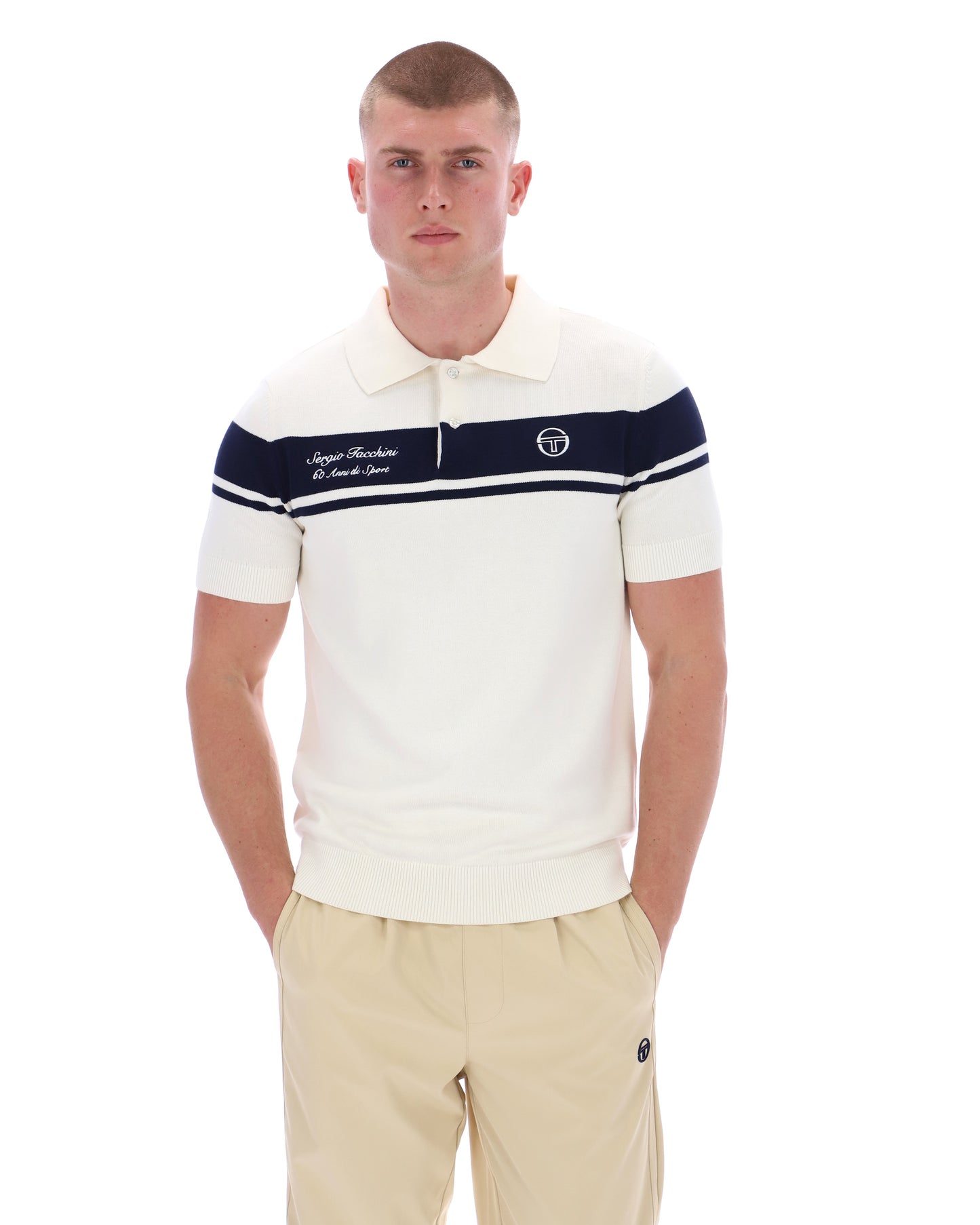 Sergio Tacchini 60th Anniversary Youngline polo shirt in gardenia and maritime blue, featuring a classic collar and short sleeves.