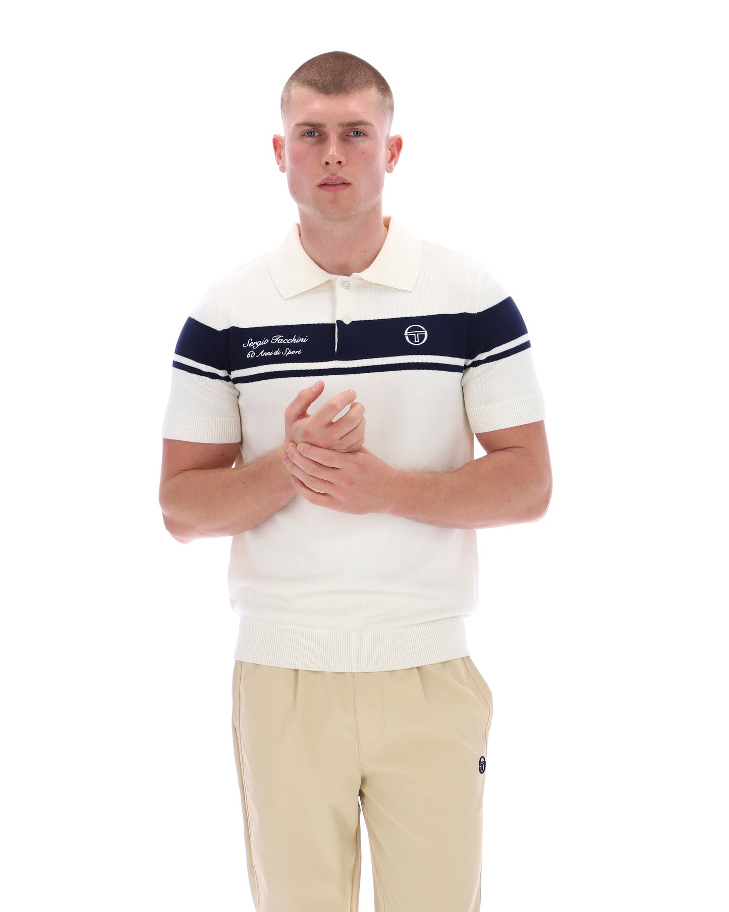 Sergio Tacchini 60th Anniversary Youngline Polo shirt in Gardenia and Maritime Blue, featuring a classic collar and embroidered logo.