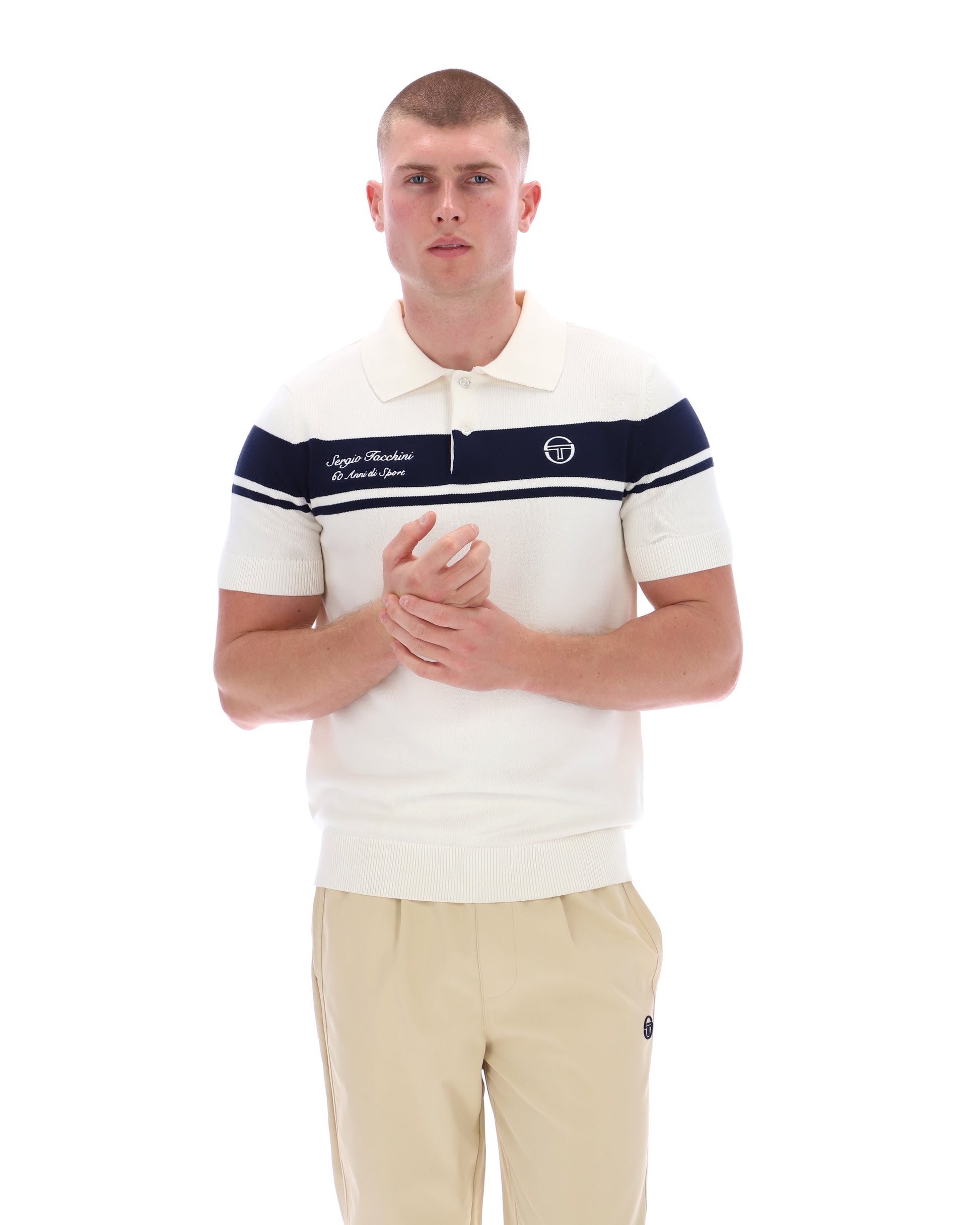 Sergio Tacchini 60th Anniversary Youngline Polo shirt in Gardenia and Maritime Blue, featuring a classic collar and embroidered logo.