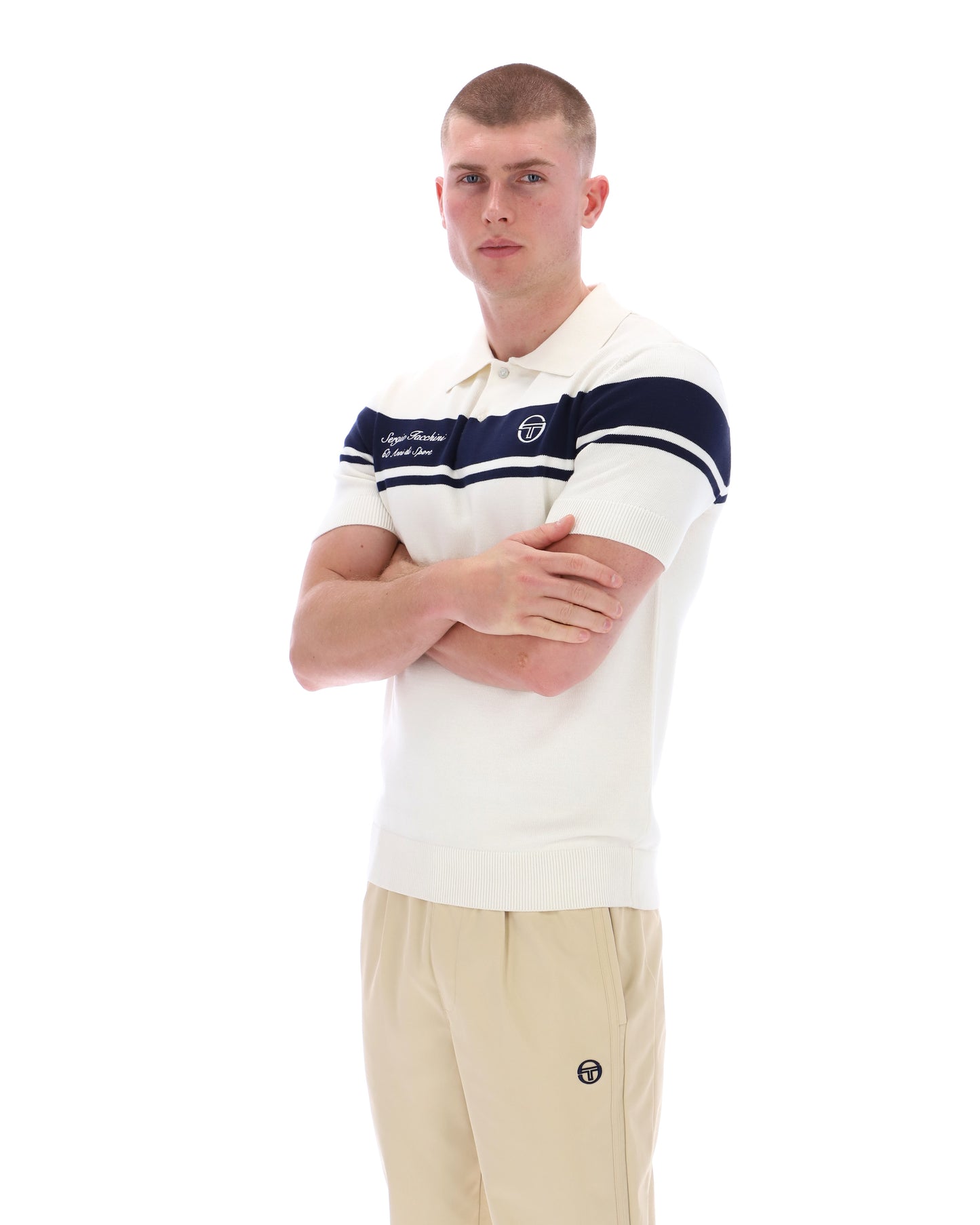 Sergio Tacchini 60th Anniversary Youngline Polo shirt in Gardenia and Maritime Blue, featuring a classic collar and embroidered logo.