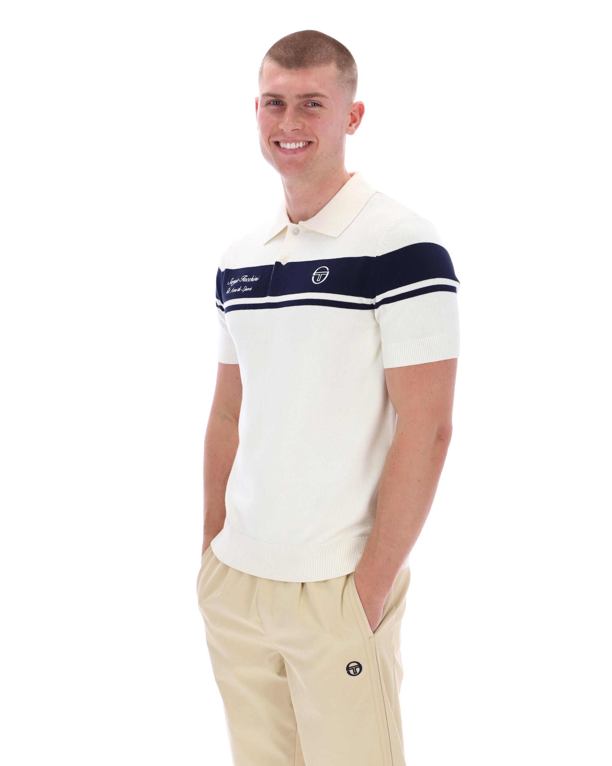 Sergio Tacchini 60th Anniversary Youngline Polo shirt in Gardenia and Maritime Blue, featuring a classic collar and logo embroidery.