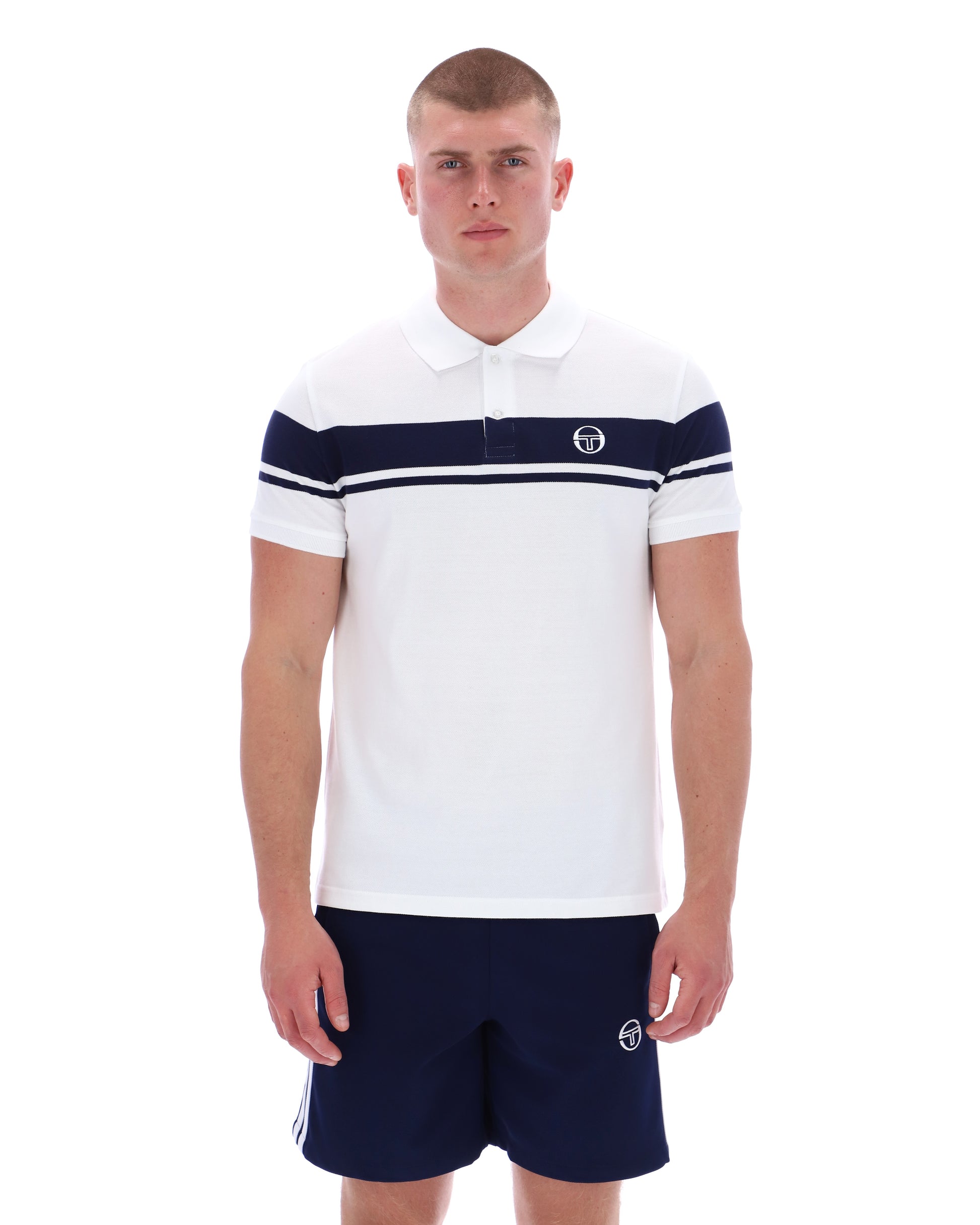 White and navy Sergio Tacchini Young Line polo shirt with classic collar and logo details, displayed flat on a neutral background.