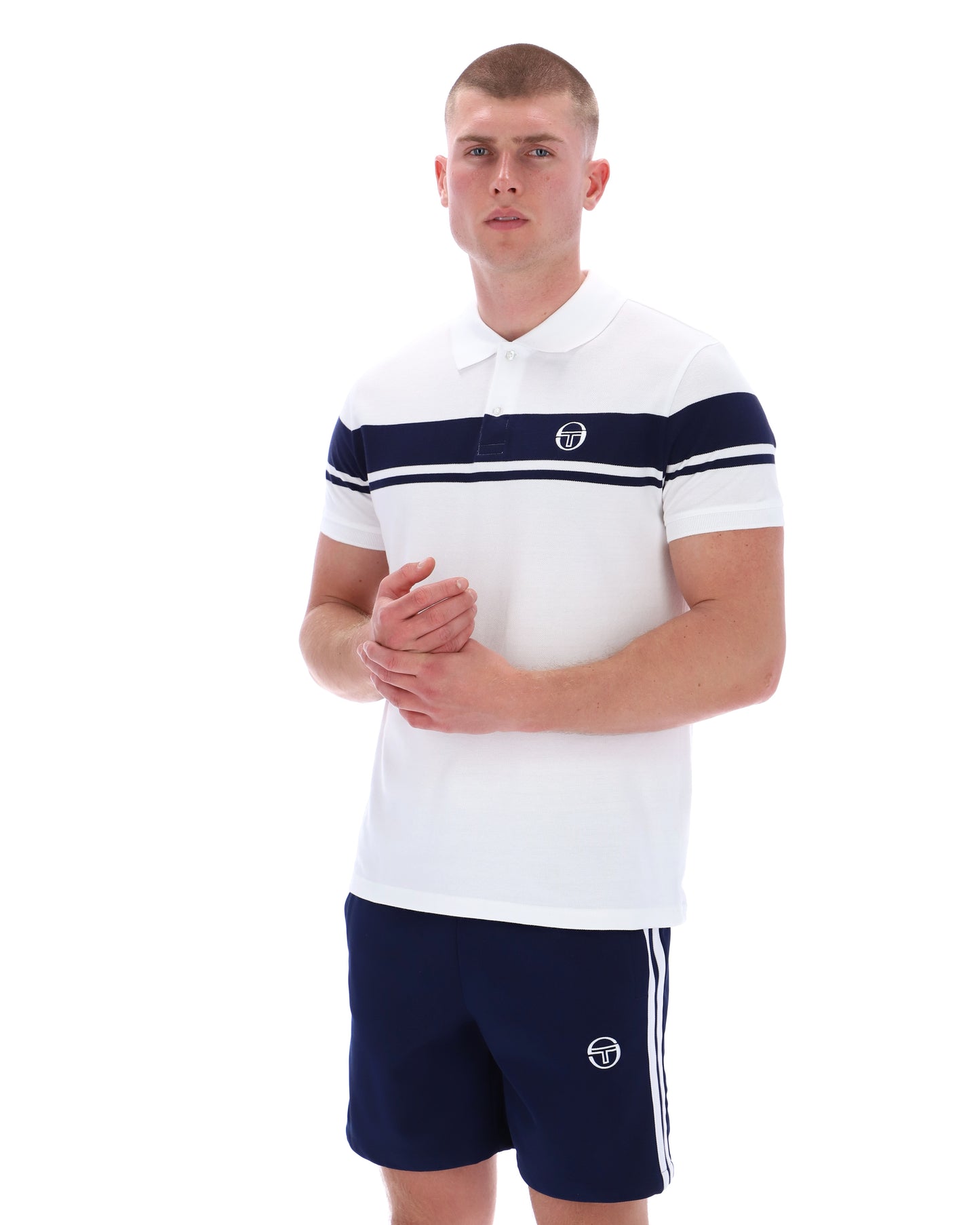 White and navy Sergio Tacchini Young Line polo shirt with classic collar and short sleeves, displayed flat on a plain background.