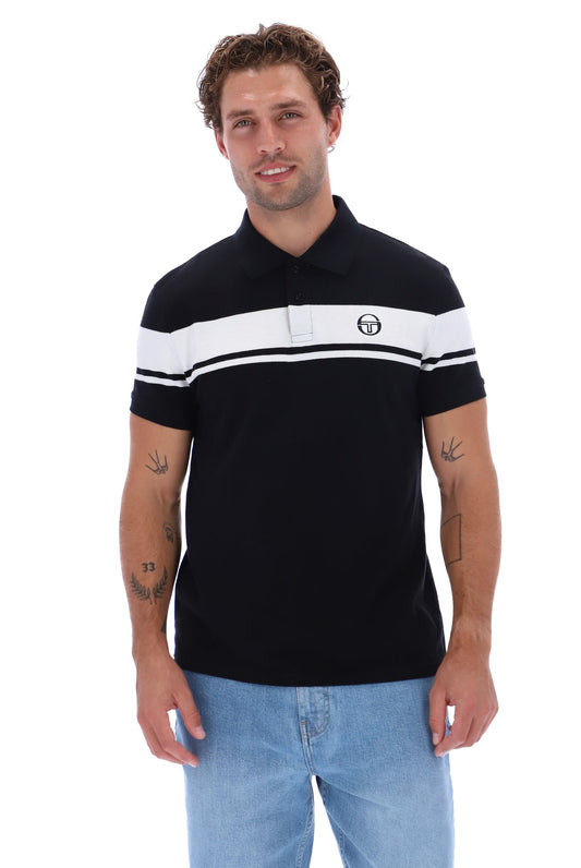 Black and white Sergio Tacchini Young Line polo shirt, classic fit with collar and short sleeves, displayed on a hanger.