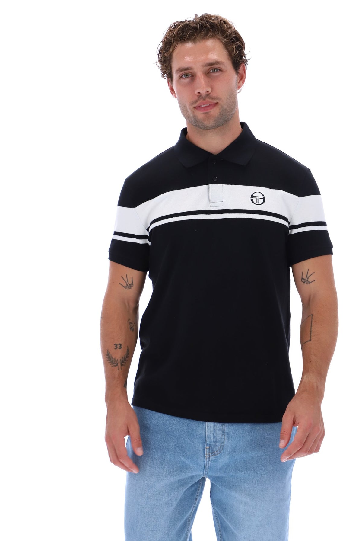 Black and white Sergio Tacchini Young Line polo shirt with classic collar and logo detail, casual and stylish men's clothing.