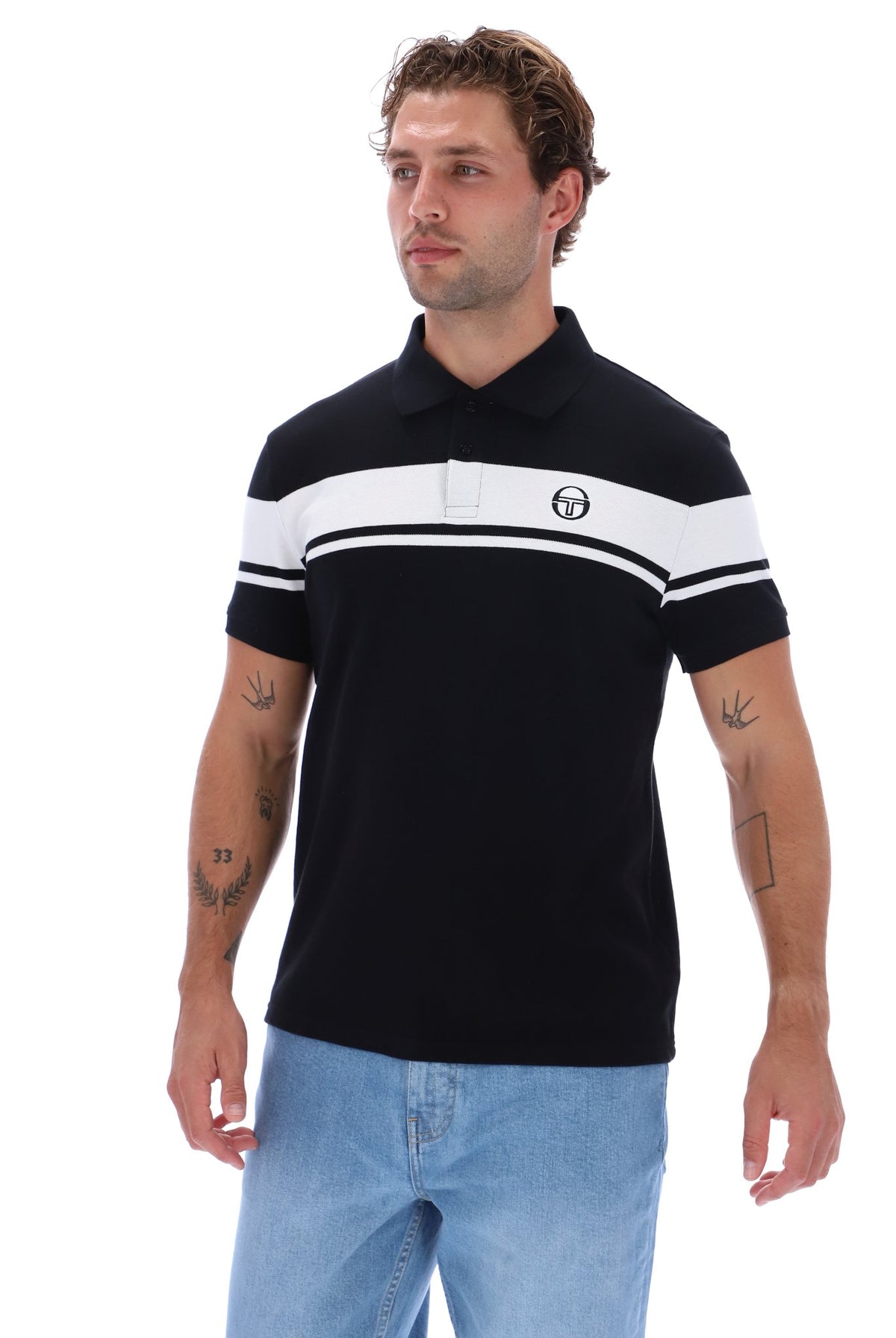 Black and white Sergio Tacchini Young Line polo shirt displayed on a flat lay, featuring classic collar and logo detail.