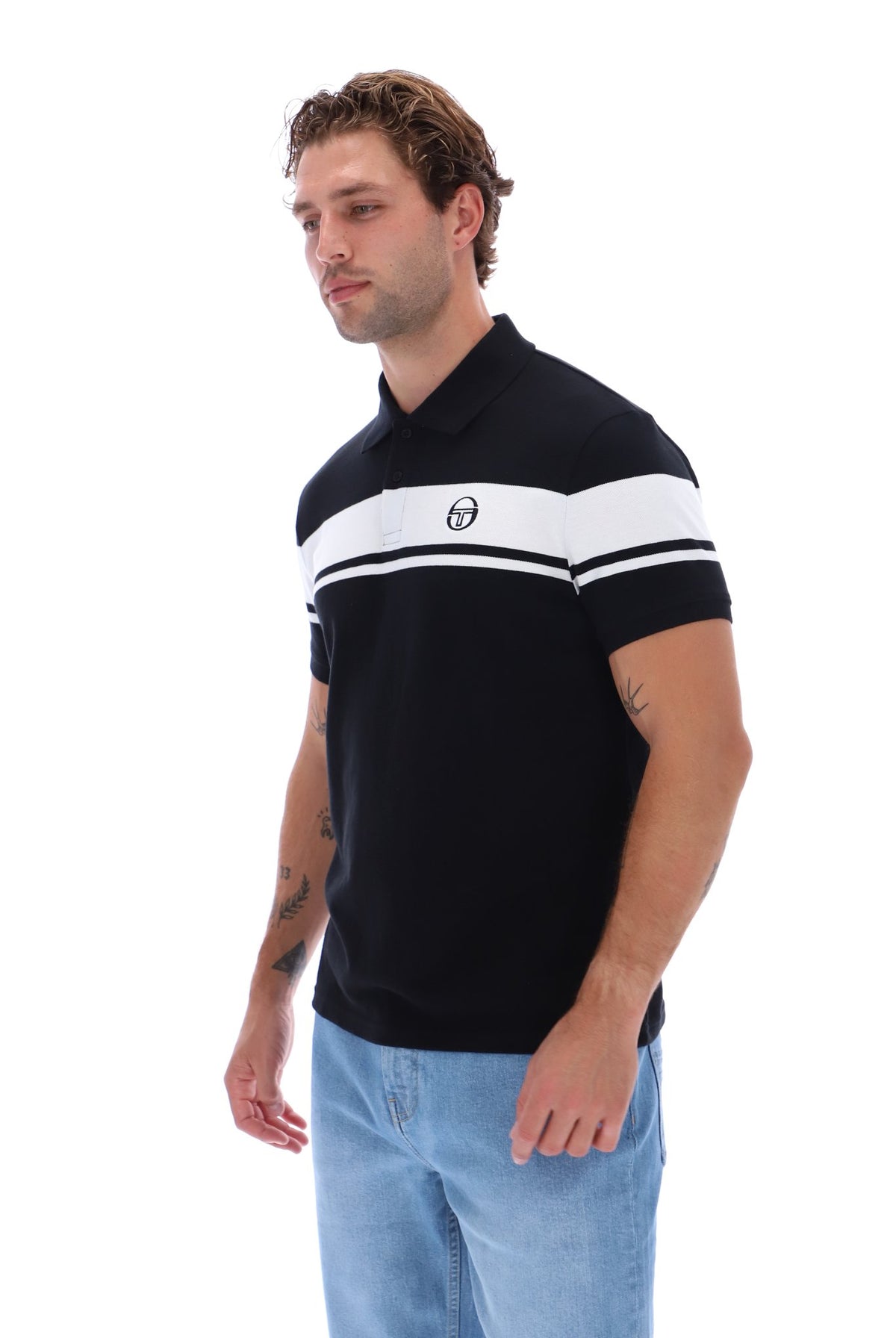 Black and white Sergio Tacchini Young Line polo shirt with classic fit and brand logo on the chest.