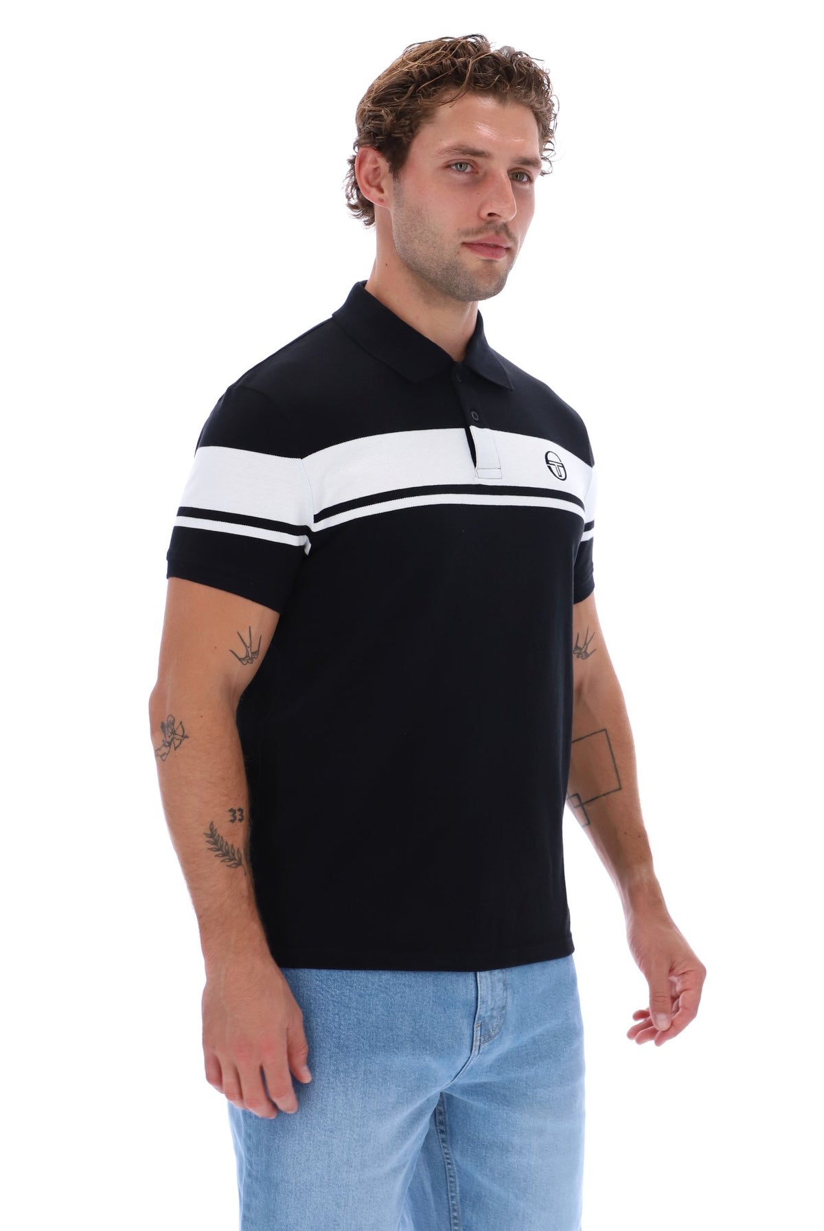 Black and white Sergio Tacchini Young Line polo shirt with a classic collar and logo detail, shown on a flat lay.