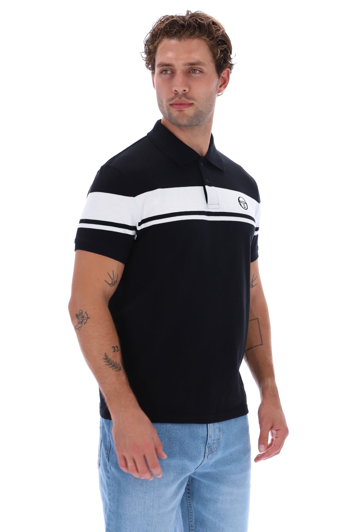 Black and white Sergio Tacchini Young Line polo shirt with classic collar and logo embroidery, casual and stylish men's apparel.