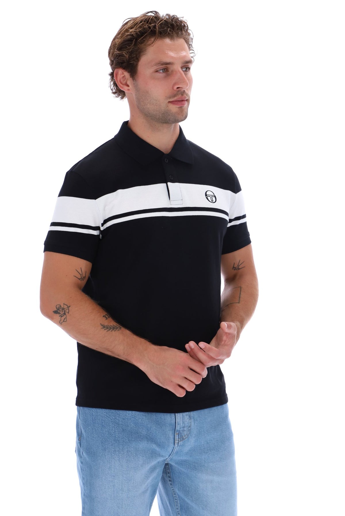 Sergio Tacchini Young Line black and white polo shirt with classic collar and logo detail on the chest.
