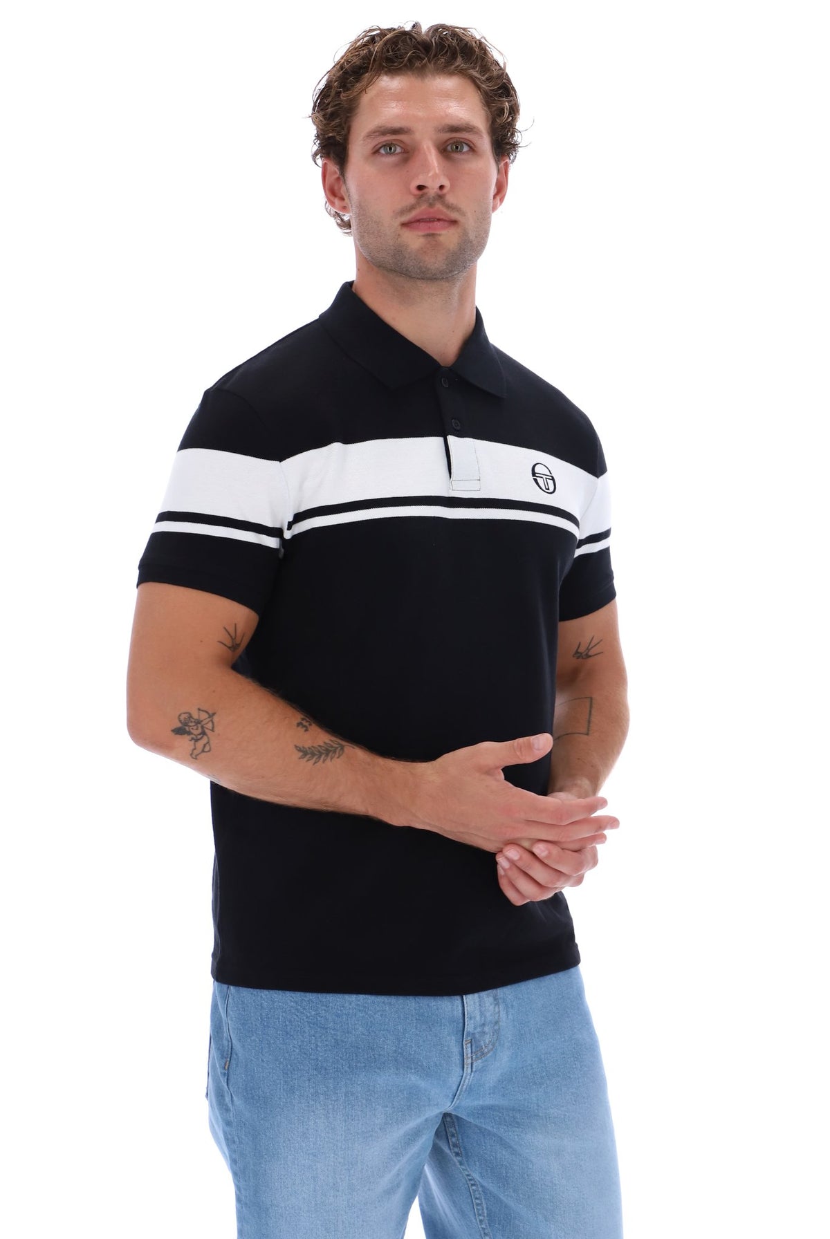 Black and white Sergio Tacchini Young Line polo shirt displayed on a mannequin, featuring classic collar and short sleeves.