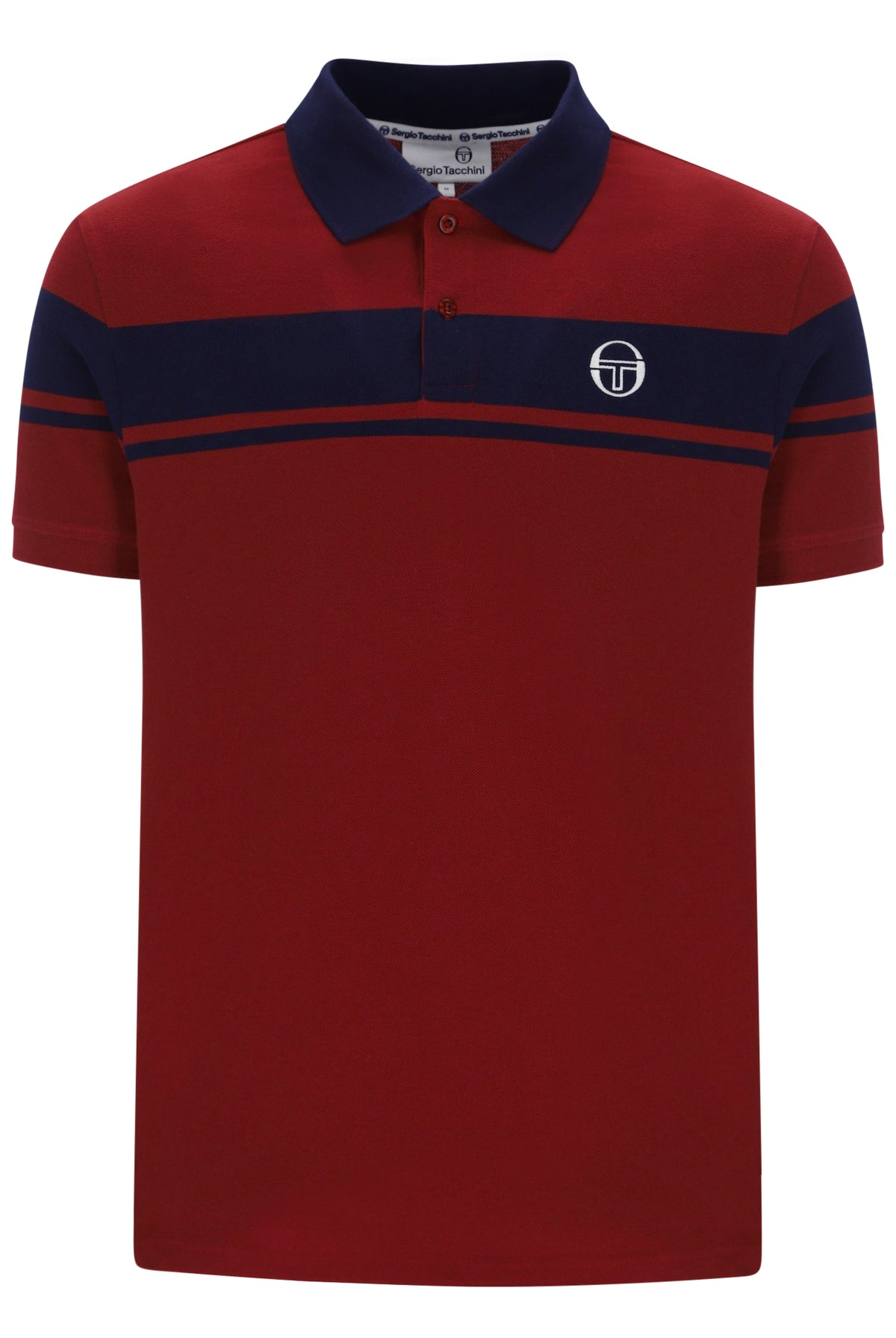 Sergio Tacchini Young Line polo shirt in Merlot and Maritime Blue, showing a classic collar and embroidered logo.