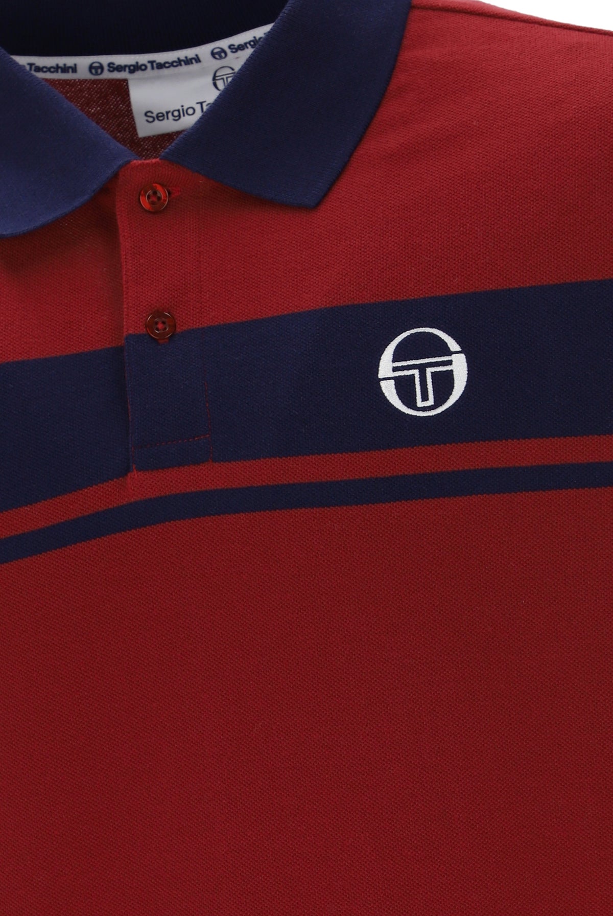 Sergio Tacchini Young Line polo shirt in merlot and maritime blue, featuring a classic collar and short sleeves, displayed flat.