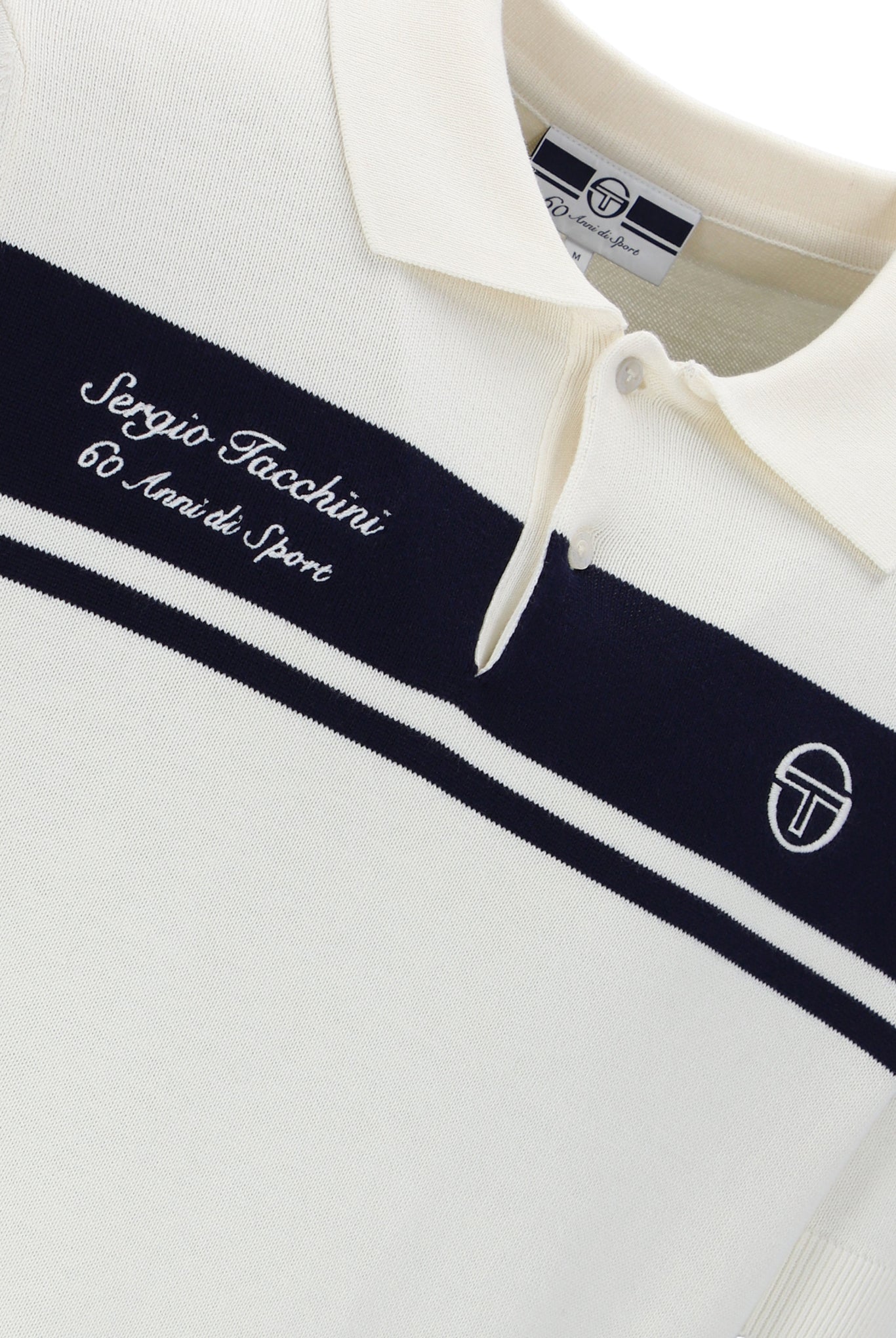 Sergio Tacchini Youngline polo shirt in Gardenia and Maritime Blue with a classic collar and logo embroidery, front view.