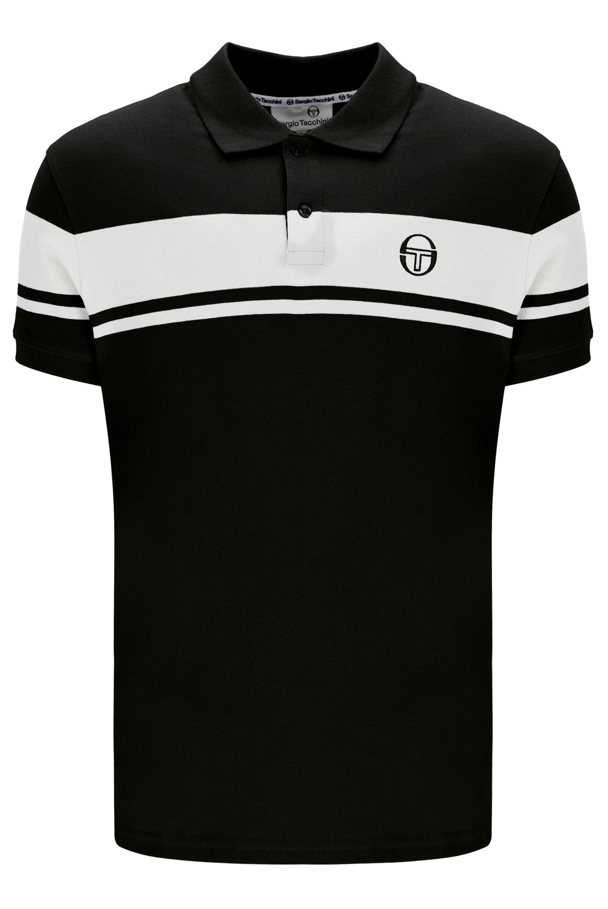 Black and white Sergio Tacchini Young Line polo shirt displayed on a hanger, featuring a classic collar and logo detail.