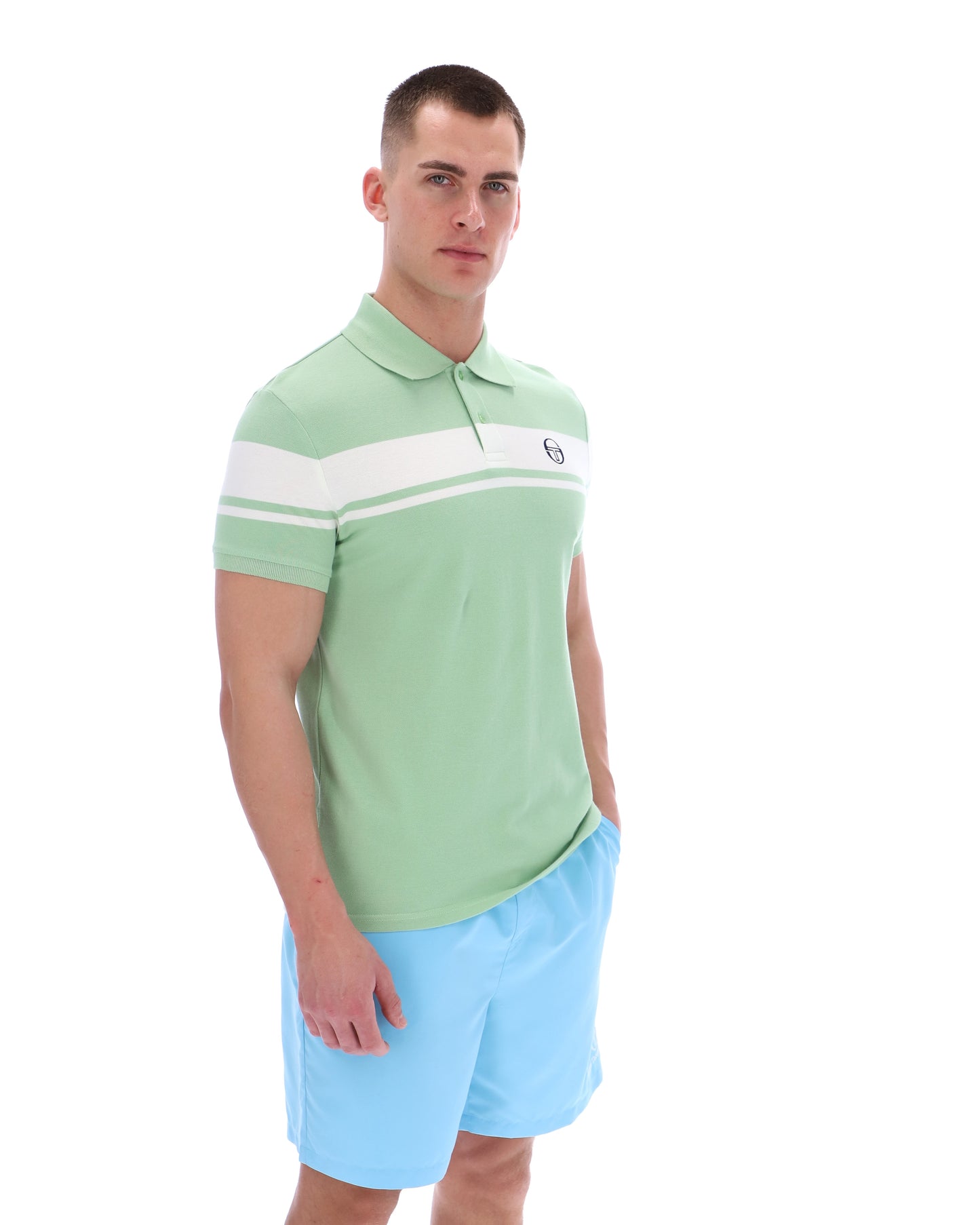 Sergio Tacchini Young Line polo shirt in quiet green and white, featuring a classic collar and logo embroidery