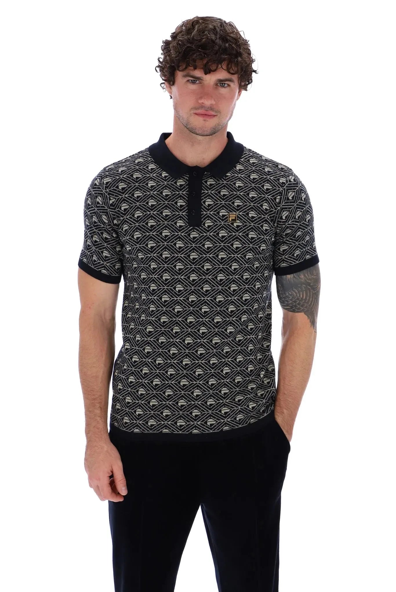 Fila Zano Geo Pattern Polo In Black/Abby Stone