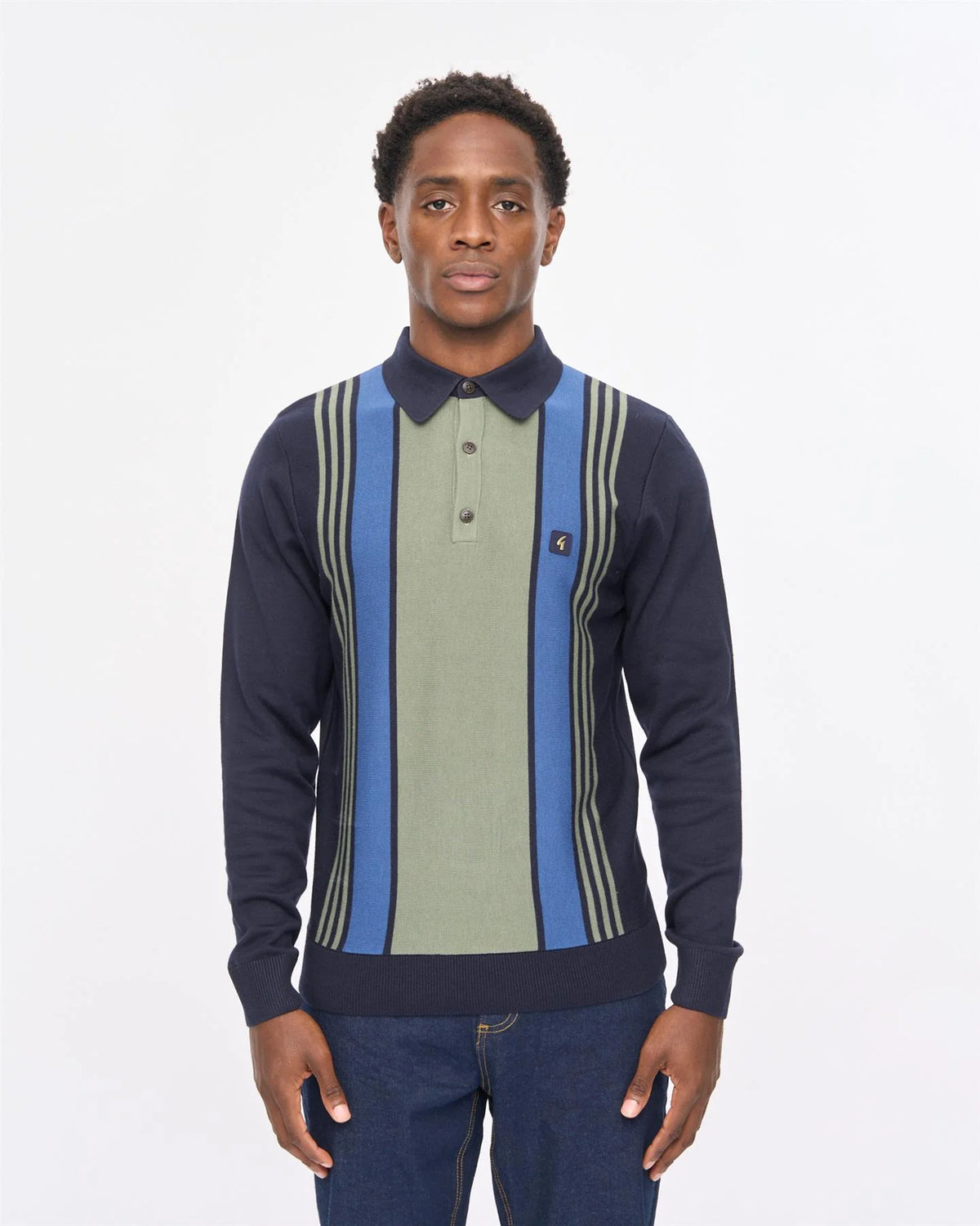 Gabicci Vintage Searle stripe knitted polo in navy, close-up of the stylish knitwear with ribbed collar and striped pattern.