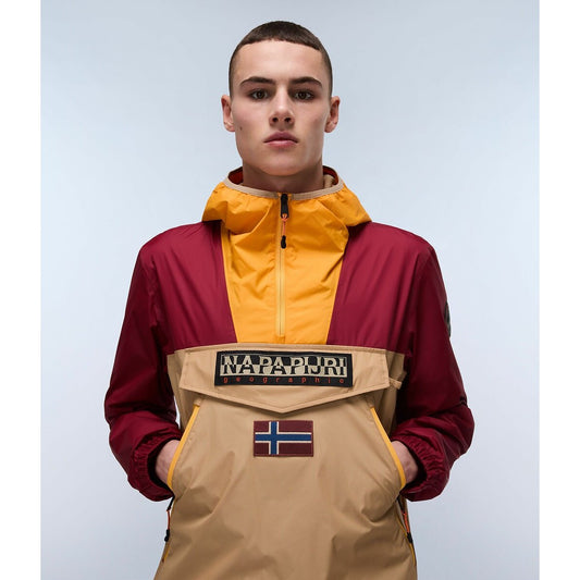 Napapijri Rainforest jacket in beige, red, and yellow with a hood and vibrant color blocking design.