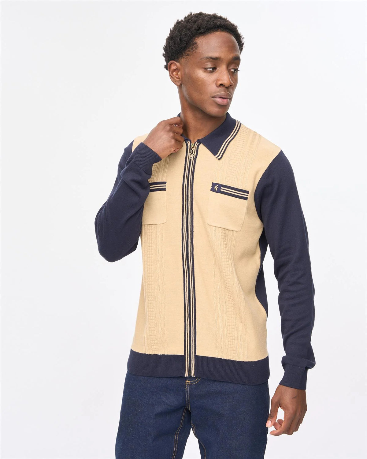 Gabicci Vintage Lucerne Long Sleeve Zip Knitted Polo Navy