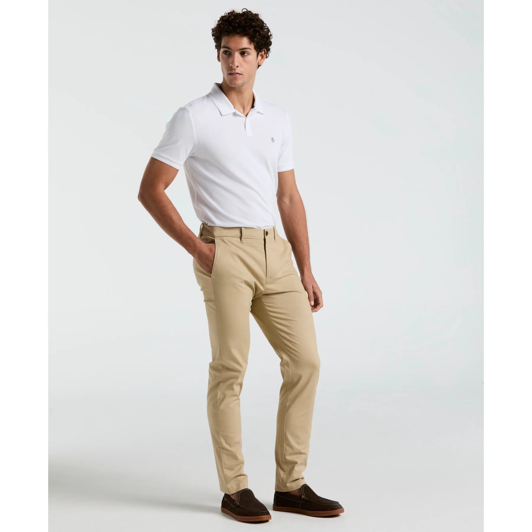 Original Penguin slim fit chinos in travertine color, showing front view of tailored trousers with belt loops and clean design.