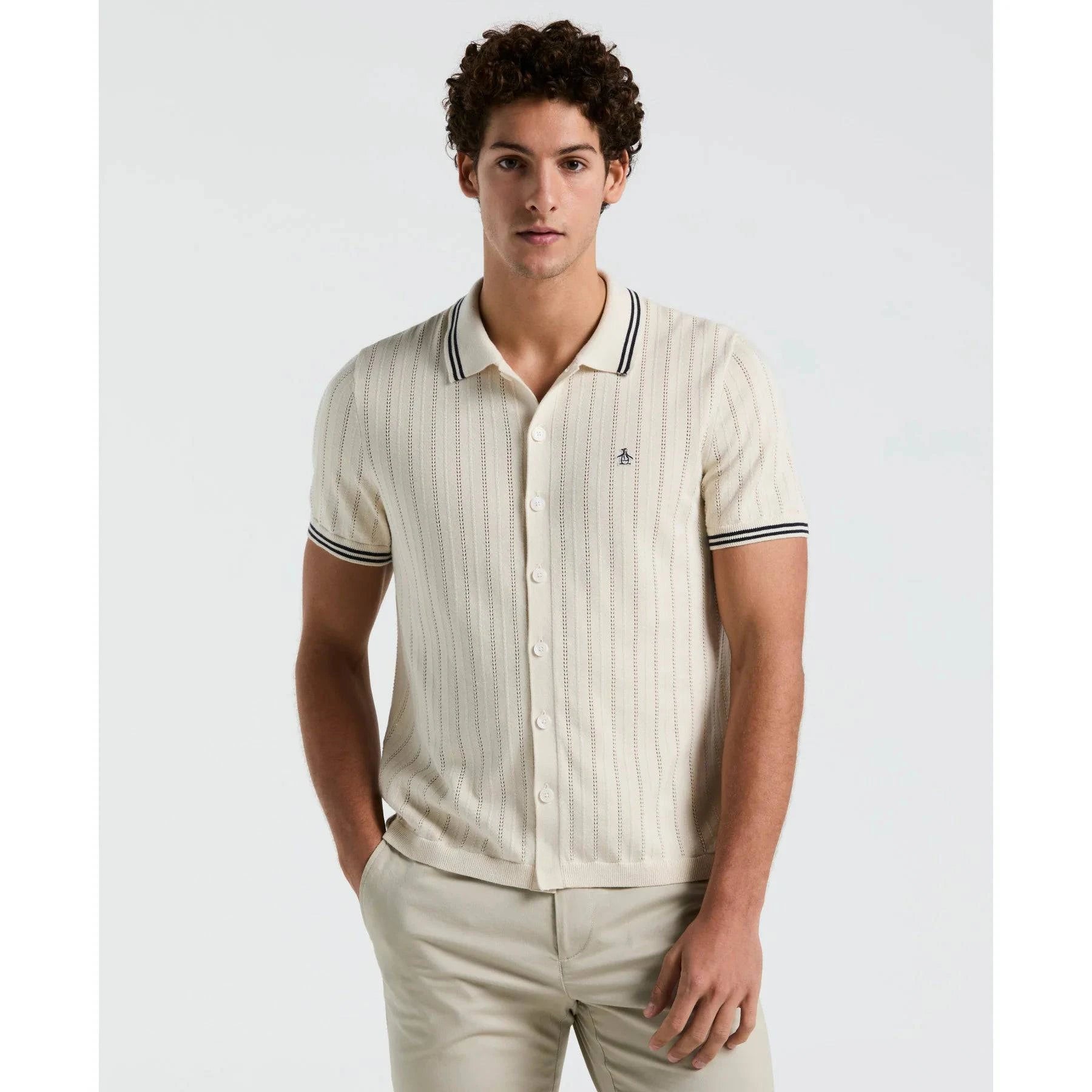 Original Penguin Drop Needle Button Front Sweater Polo Shirt In Birch - RD1 Clothing