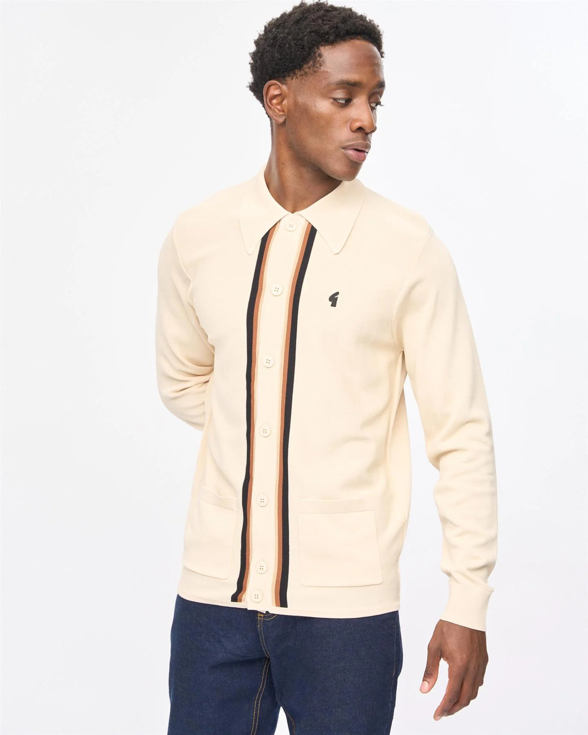 Gabicci Vintage Bromley Long Sleeve Knitted Polo Cream