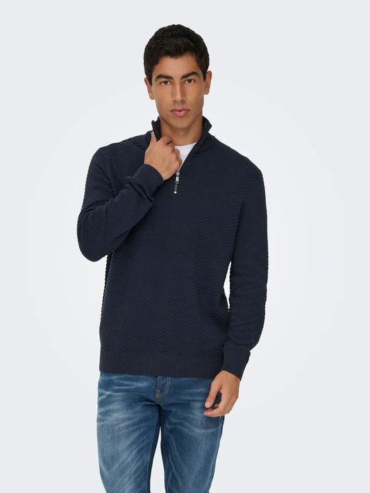 Only & Sons Onsmace Herringbone Half Zip Knitted Jumper Navy