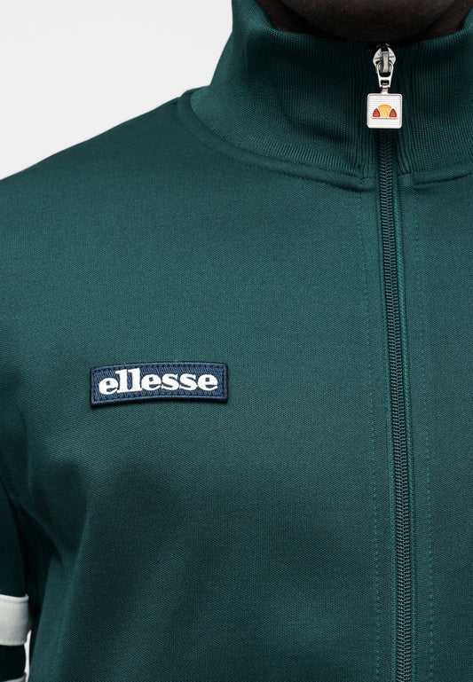 Dark green Ellesse Roma Track Top displayed on a hanger, showcasing its sporty design and lightweight fabric.