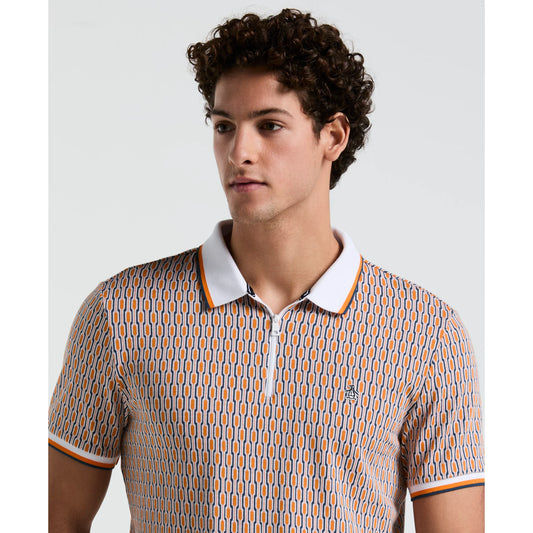 Original Penguin Tipped Jacquard Geo Print Zip Polo Shirt In Orange Peel