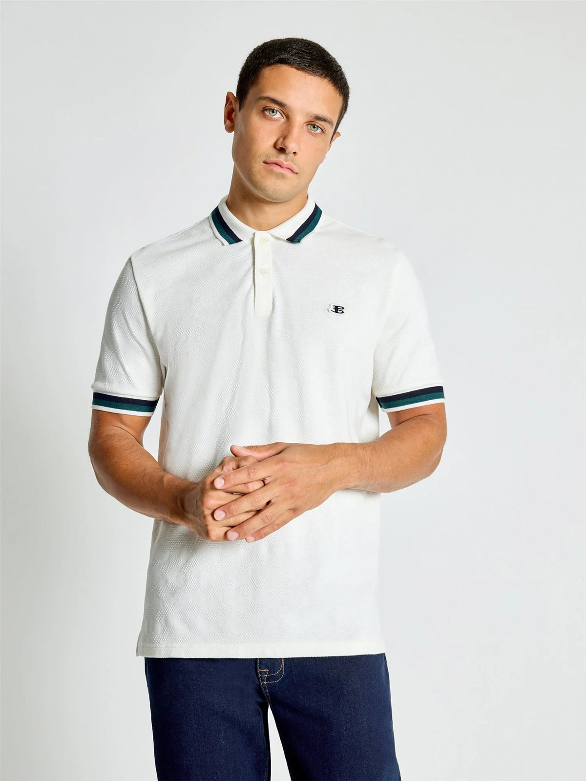Ben Sherman Fabric Interest Polo Shirt in Snow White, men's casual polo with textured fabric, styled for a classic look.