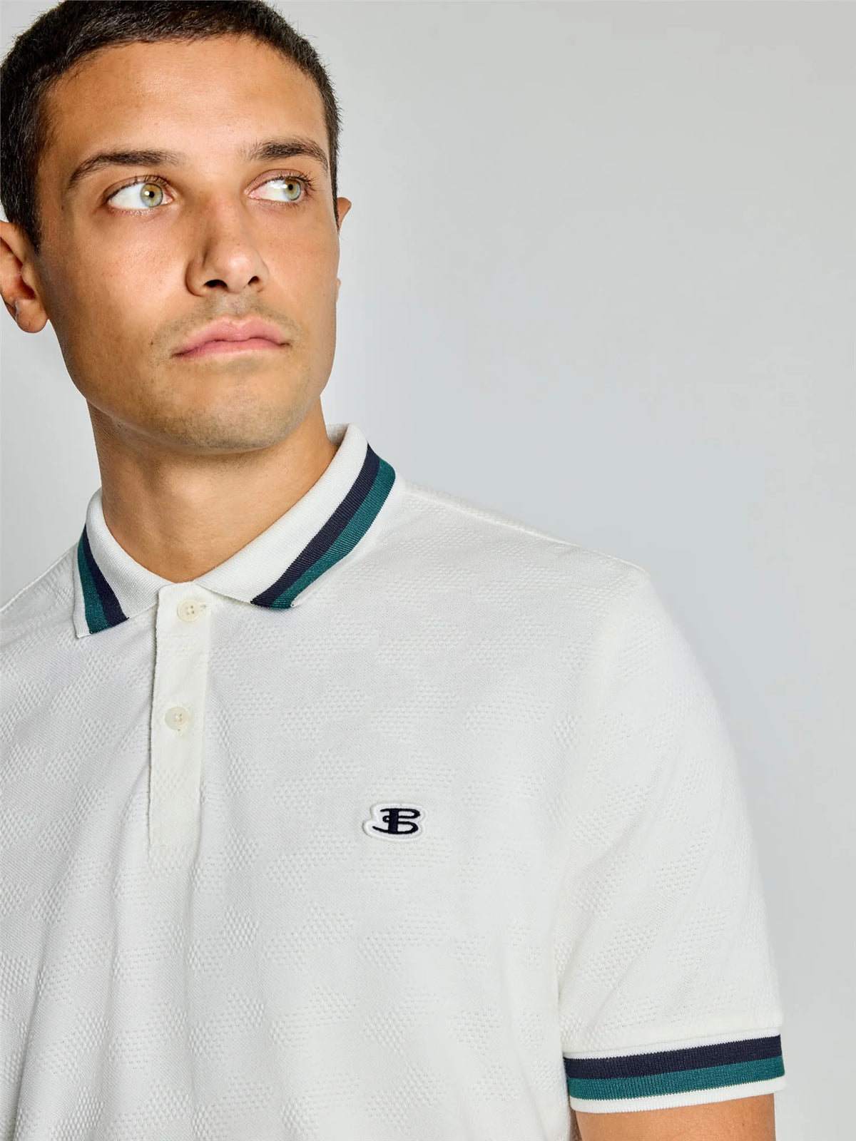 Ben Sherman fabric interest polo shirt in snow white, men's casual shirt with textured fabric, from RD1 Clothing.