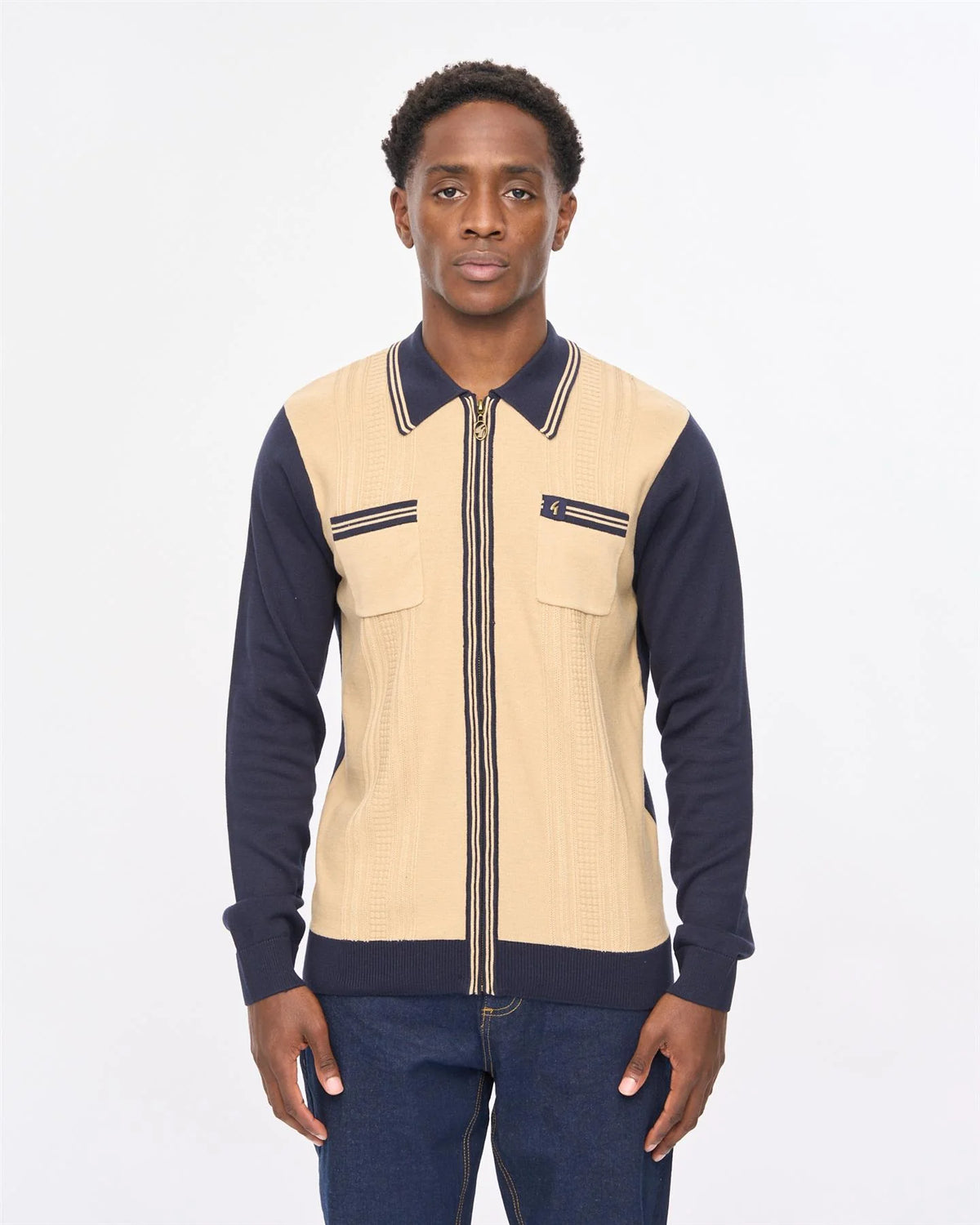 Gabicci Vintage Lucerne Long Sleeve Zip Knitted Polo Navy