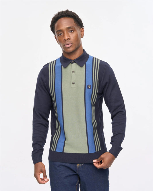 Gabicci Vintage Searle Stripe Knitted Polo Navy