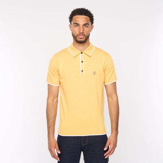 Gabicci Vintage Lineker Short Sleeve Tipped Trim Knitted Polo Pineapple