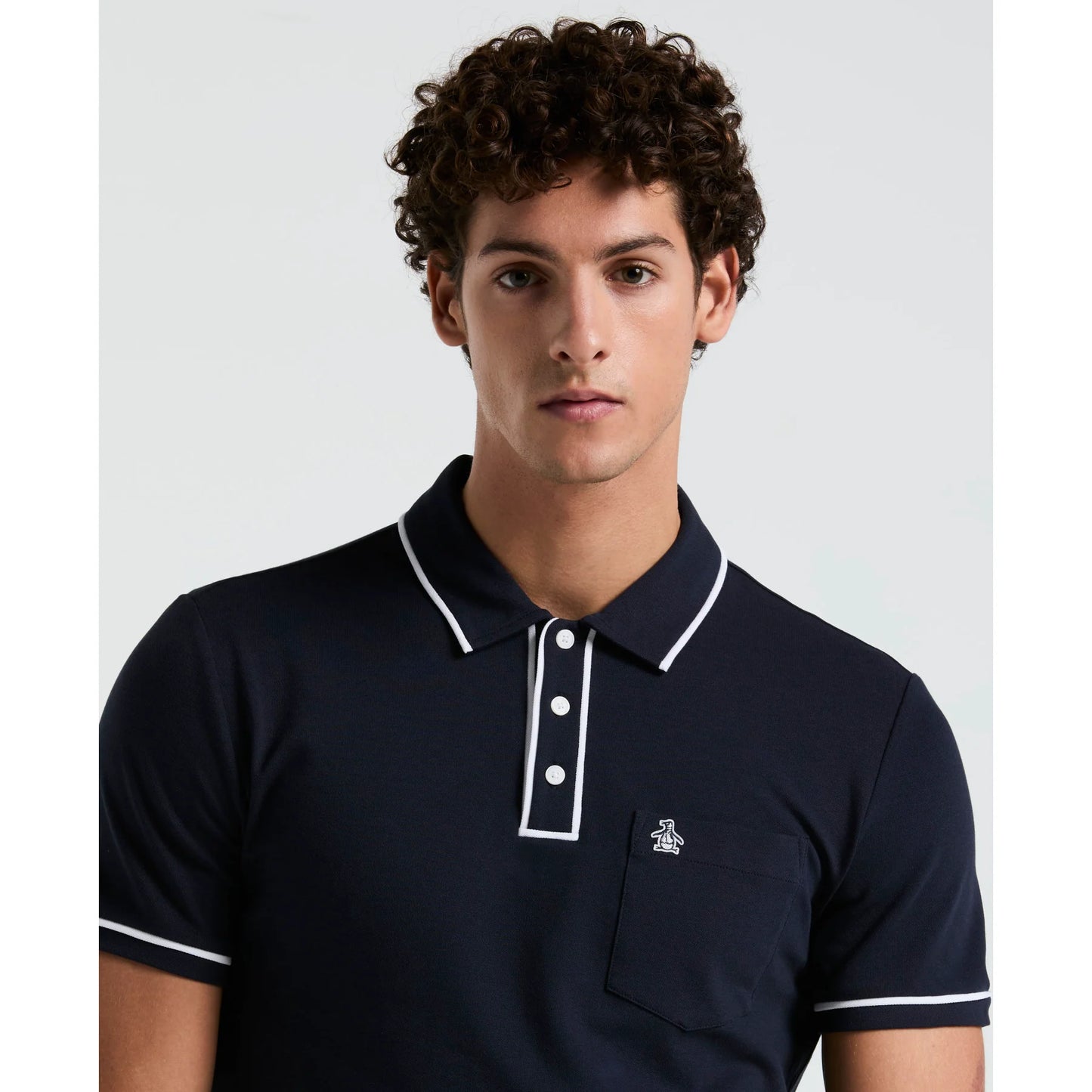 Original Penguin Earl Pique Polo Shirt in dark sapphire, men’s casual polo with ribbed collar and short sleeves, front view