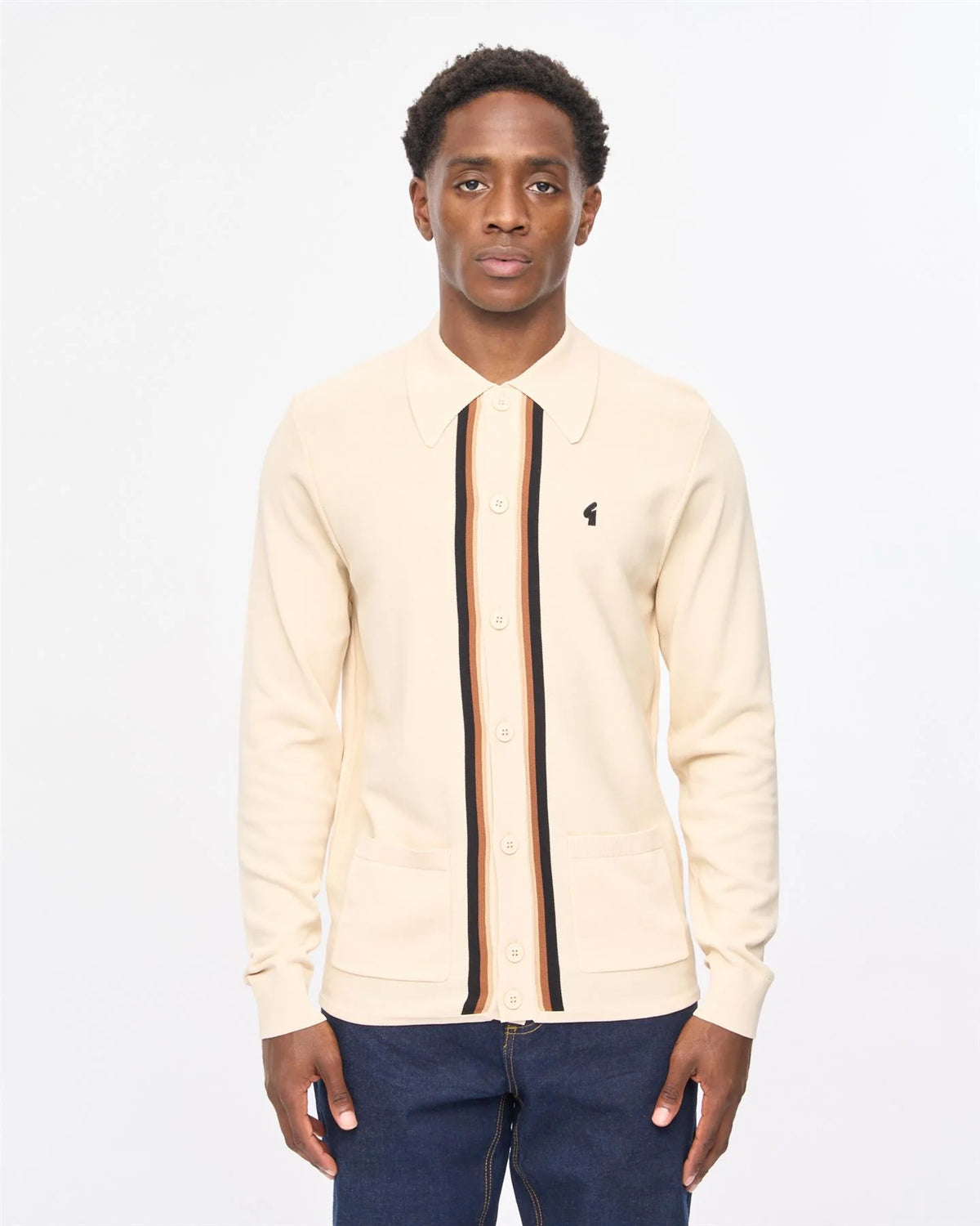 Gabicci Vintage Bromley Long Sleeve Knitted Polo Cream